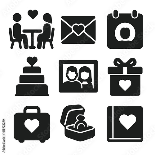 Romantic Milestones Icons. Solid, filled icons set of romantic milestones and memories: first date, love