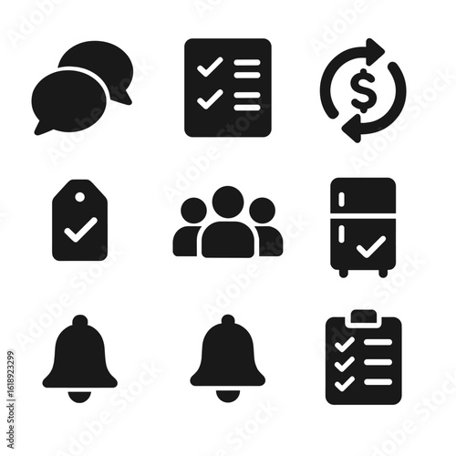 Roommate Grocery Icons. Solid, filled icons set of shared grocery lists for roommates: group chat bubble,