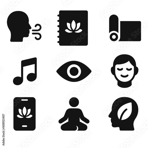 Mindfulness Icon Grid. Solid, filled icon set of mindfulness in education: breathing icon, mindful notebook, yoga mat, soft music