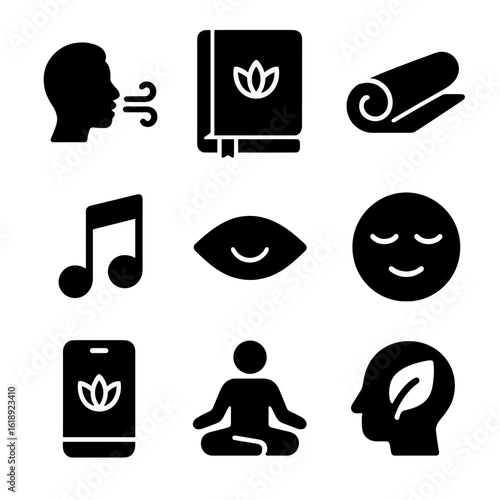 Mindfulness Icon Grid. Solid, filled icon set of mindfulness in education: breathing icon, mindful notebook, yoga mat, soft music