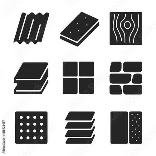 Facade Materials Icons. Solid, filled icons set of facade cladding materials: metal sheet, fiber cement board,