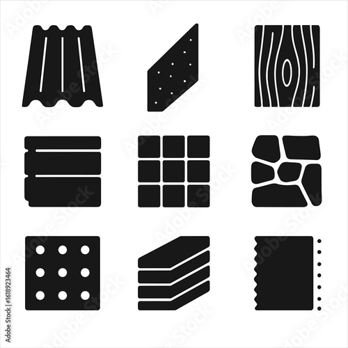 Facade Materials Icons. Solid, filled icons set of facade cladding materials: metal sheet, fiber cement board,