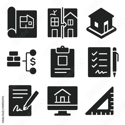 Facade Renovation Icons. Solid, filled icons set of facade renovation planning: blueprint roll, before-after