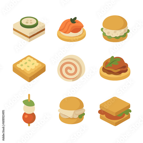 Mini Sandwich Icons. Flat icon set of mini sandwich canapés: cucumber tea sandwich, smoked salmon blini, chicken salad slider, egg