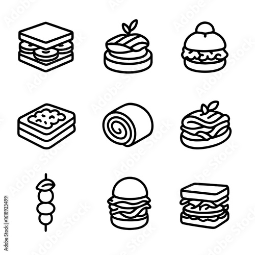 Mini Sandwich Icon Set. Outline icon set of mini sandwich canapés: cucumber tea sandwich, smoked salmon blini, chicken salad