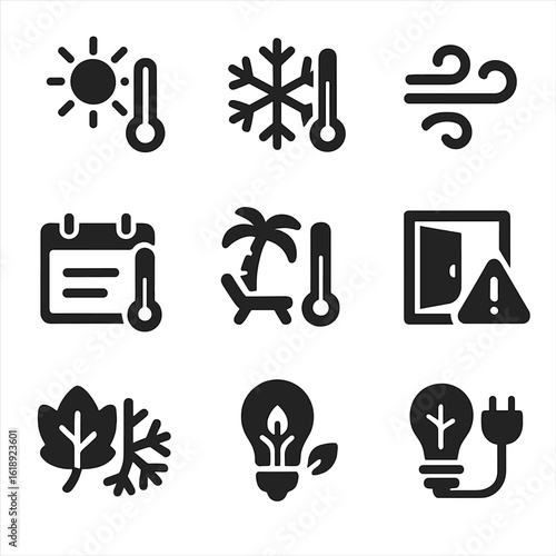 Seasonal Thermostat Icon Set. Solid, filled icons set of seasonal thermostat usage: summer heat icon, winter