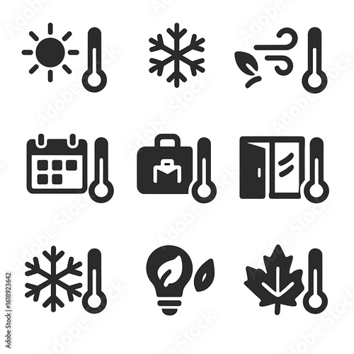 Seasonal Thermostat Icons. Solid, filled icons set of seasonal thermostat usage: summer heat icon, winter snow
