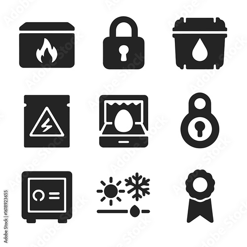 Secure Storage Icons. Solid, filled icons set of safe electronic storage: fireproof box, lock icon, waterproof