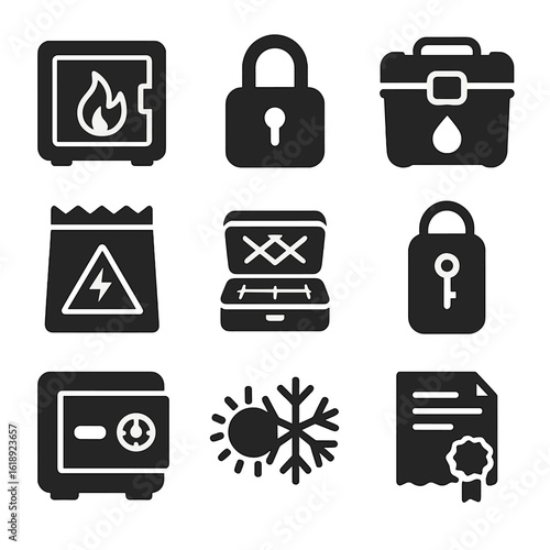 Secure Storage Icons. Solid, filled icons set of safe electronic storage: fireproof box, lock icon, waterproof