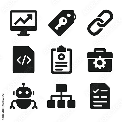 SEO Strategy Icons. Solid, filled icons set of SEO optimization strategies: search ranking arrow, keyword tag,