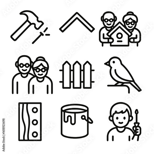Family Birdhouse Building. Solid, filled icon set of family building birdhouses with seniors: hammer hitting nail, birdhouse roof,