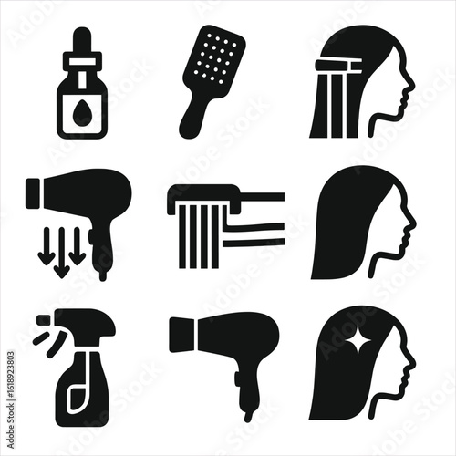 Sleek Blow Dry Icons. Solid, filled icons set of sleek and smooth blow dry technique: anti-frizz serum, paddle