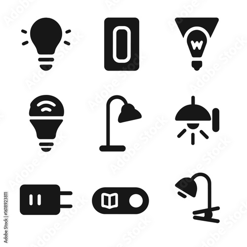 Sleep-Friendly Lighting Icons. Solid, filled icons set of sleep-friendly lighting and tech: warm light bulb,