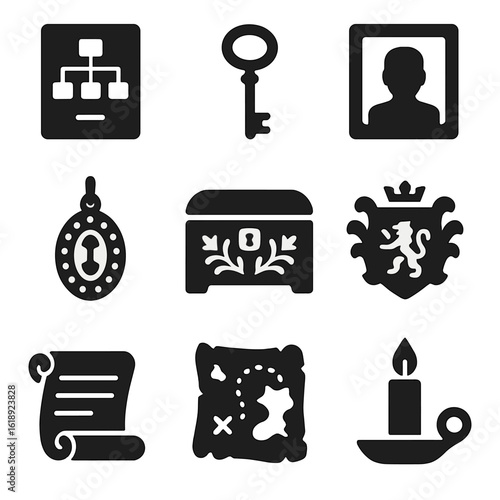 Family Heritage Icons. Solid, filled icons set of family heritage preservation: genealogy chart, antique key,