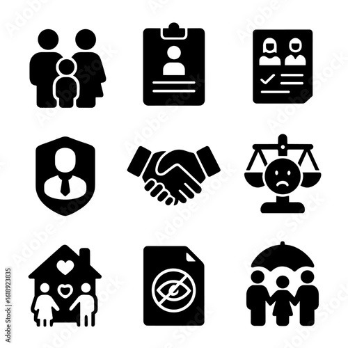 Family Law Mediation Icons. Solid, filled icons set of family law mediation: family icon, child custody file,
