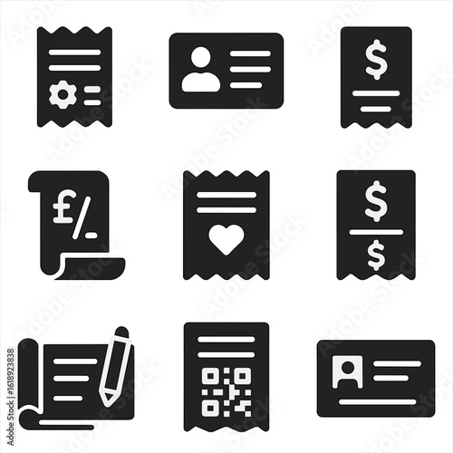 Small Business Icons. Solid, filled icons set of miscellaneous small business receipts: service line item,