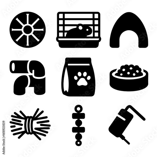 Small Pet Icons. Solid, filled icons set of small pet environments: hamster ball, guinea pig cage, rabbit