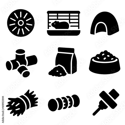 Small Pet Icons. Solid, filled icons set of small pet environments: hamster ball, guinea pig cage, rabbit