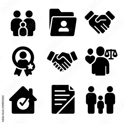 Family Law Mediation Icons. Solid, filled icons set of family law mediation: family icon, child custody file,