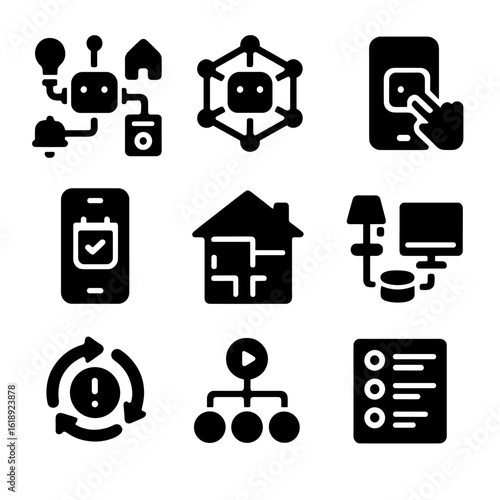 Smart Home Icons. Solid, filled icons set of smart robotic integration: connected devices icon,