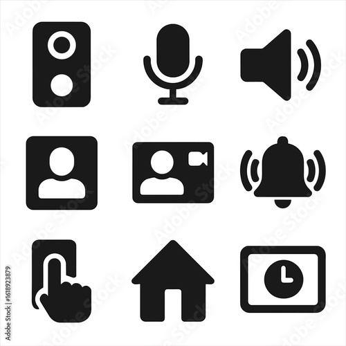 Smart Doorbell Icon Set. Solid, filled icons set of smart doorbell systems: video doorbell, two-way mic,