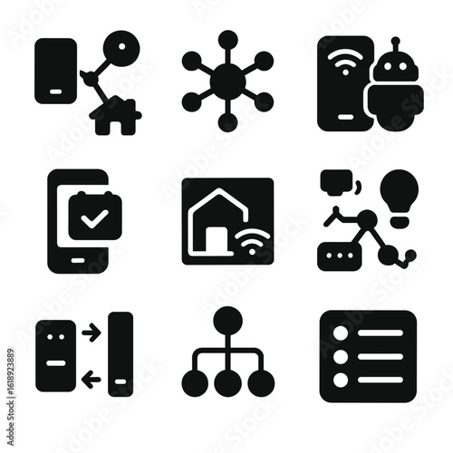 Smart Home Icon Set. Solid, filled icons set of smart robotic integration: connected devices icon,