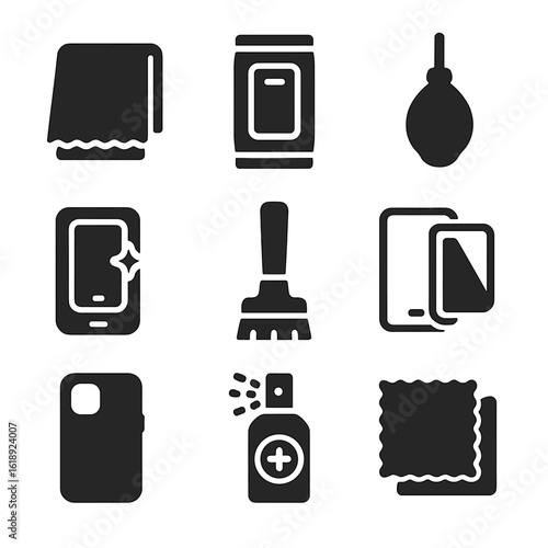 Mobile Cleaning Icons. Solid, filled icon set of Mobile cleaning and maintenance accessories: cleaning cloth, screen wipes, dust