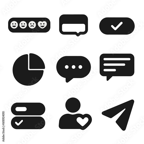 Social Media Icons. Solid, filled icons set of social media poll elements: emoji reaction scale, story