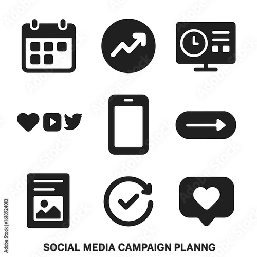 Social Media Icons. Solid, filled icons set of social media campaign planning: calendar grid, trending icon,