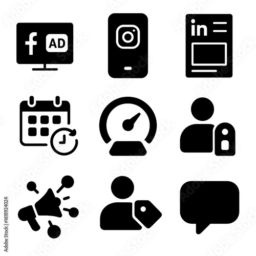 Social Media Icons Grid. Solid, filled icons set of social media marketing: Facebook ad, Instagram story,