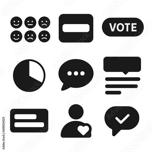 Social Media Poll Icons. Solid, filled icons set of social media poll elements: emoji reaction scale, story