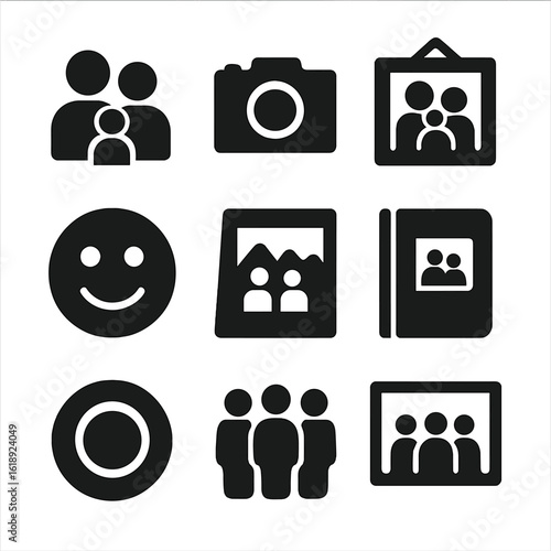 Family Photo Icons. Solid, filled icon set of family photo: family members, camera, frame, smile, photograph, photo album, lens,