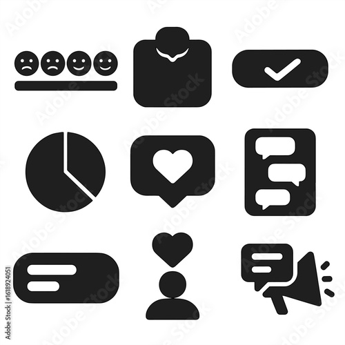 Social Media Poll Icons. Solid, filled icons set of social media poll elements: emoji reaction scale, story
