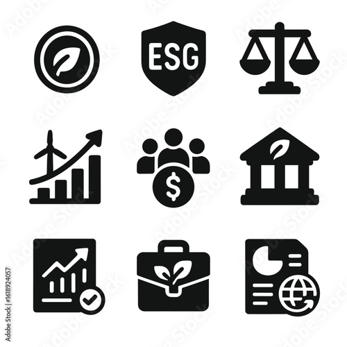 Socially Responsible Finance Icons. Solid, filled icons set of socially responsible investing: green leaf coin