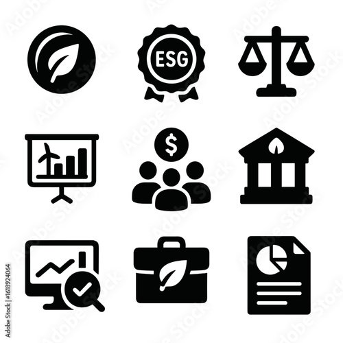 Socially Responsible Finance Icons. Solid, filled icons set of socially responsible investing: green leaf coin