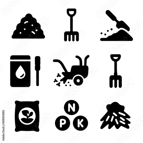 Soil Preparation Icons. Solid, filled icons set of soil preparation for planting: compost pile, soil aerator,