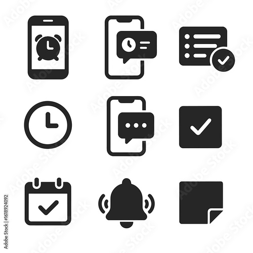 Mobile Savings Icons. Flat icon set of mobile savings reminders: smartphone alarm clock, push notification pop-up, checklist list,
