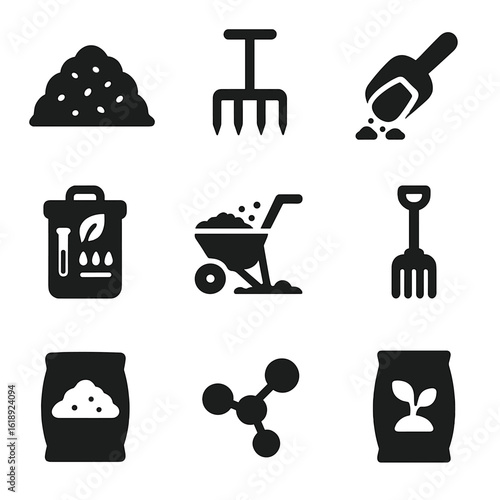 Soil Preparation Icons. Solid, filled icons set of soil preparation for planting: compost pile, soil aerator,