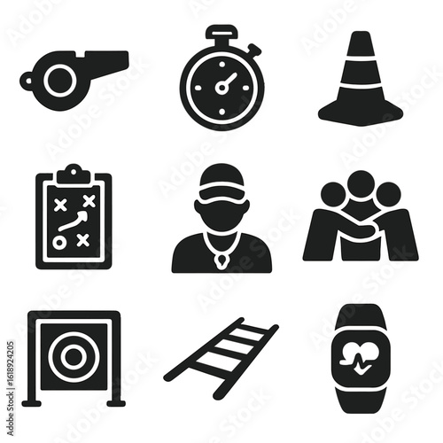 Sports Coaching Icons. Solid, filled icons set of sports coaching and training sessions: whistle, stopwatch,