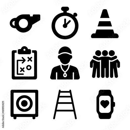 Sports Coaching Icons. Solid, filled icons set of sports coaching and training sessions: whistle, stopwatch,