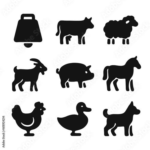 Farm Animal Icons. Solid, filled icon set of Cow bell and farm animals: cow bell, cow, sheep, goat, pig, horse, chicken, duck, dog