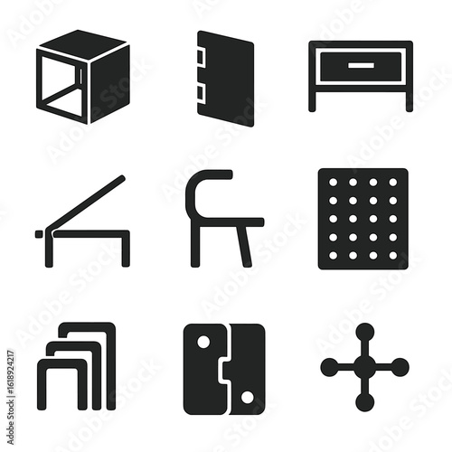Modular Furniture Icons. Flat icon set of modular furniture design: stackable cube, interlocking panel, sliding drawer, foldable