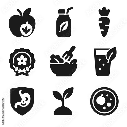 Spring Clean Eating Icons. Solid, filled icons set of clean eating in spring: nutrition icon, detox drink,