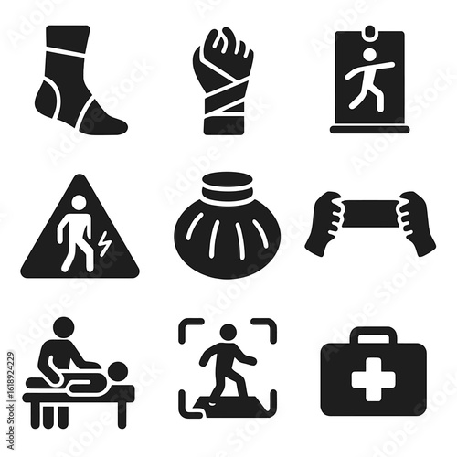 Sports Injury Icons. Solid, filled icons set of sports injury prevention and recovery: ankle brace, taped