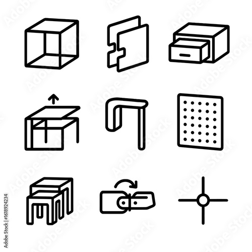 Modular Furniture Icons. Outline icon set of modular furniture design: stackable cube, interlocking panel, sliding drawer,
