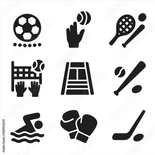 Sports Training Icons. Solid, filled icons set of sport-specific training sessions: soccer ball drill,