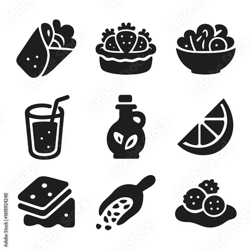 Spring Meal Icons. Solid, filled icons set of preparing light spring meals: veggie wrap, fresh tart, salad