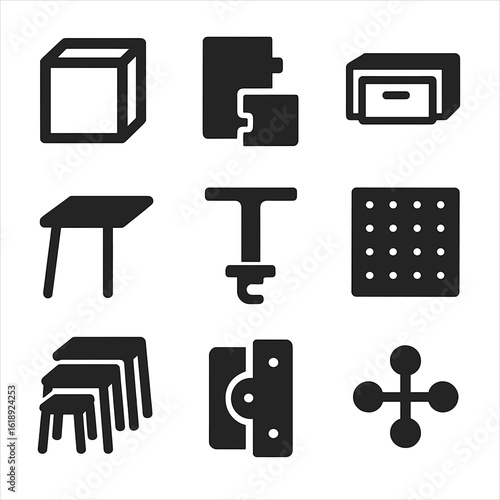 Modular Furniture Icons. Flat icon set of modular furniture design: stackable cube, interlocking panel, sliding drawer, foldable