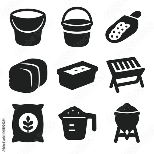 Farm Feed Icons. Solid, filled icons set of feed bucket: plastic bucket, metal bucket, feed scoop, hay bale,