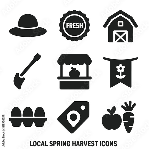 Spring Harvest Icons. Solid, filled icons set of local spring harvest icons: farmer's hat, fresh stamp, barn